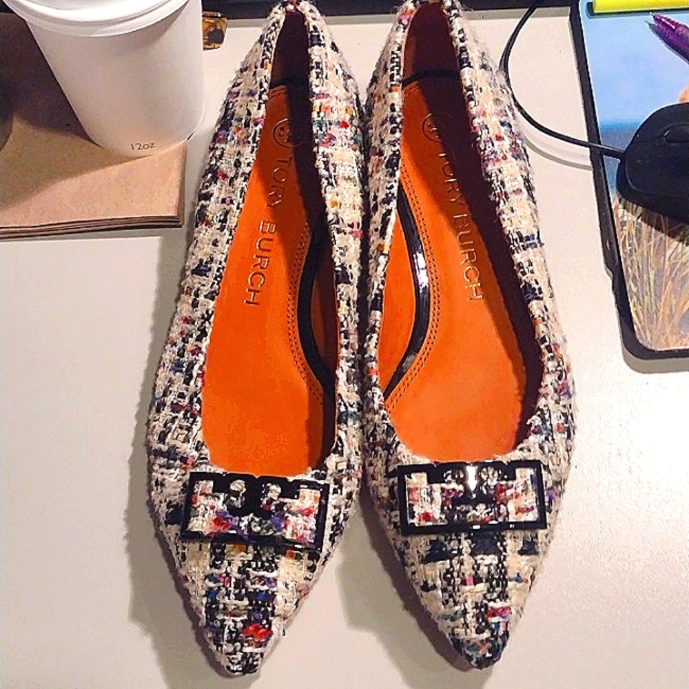 Tory Burch Gigi Tweed Pointed-Toe Flat, multi-print TWEED Size: 8.5